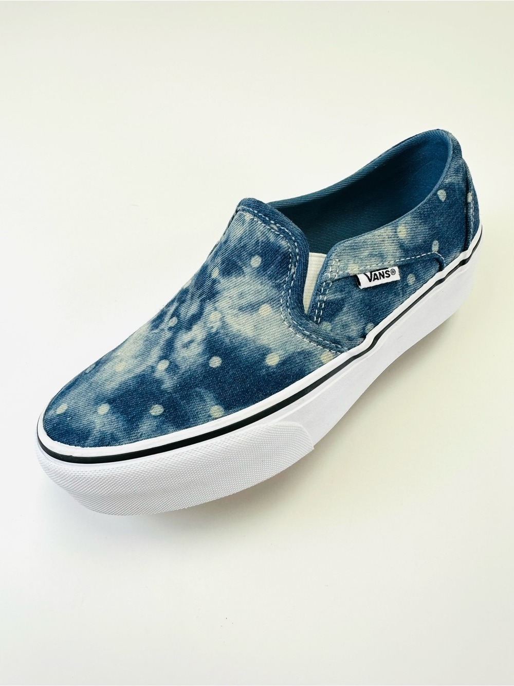 Vans Asher Platform Slip On Sneakers Blue Denim Polka Dot Women’s Size 7 casual